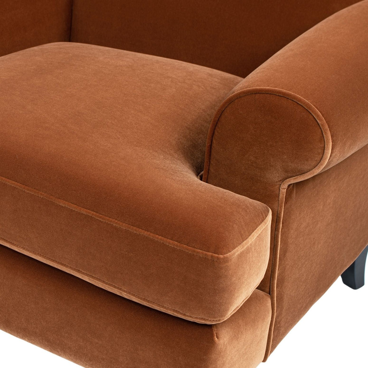 Accent Arm Chair by HouseOfZazla in rust velvet with casters, curved arm and reversible cushions on Tampa Home & Garden Store