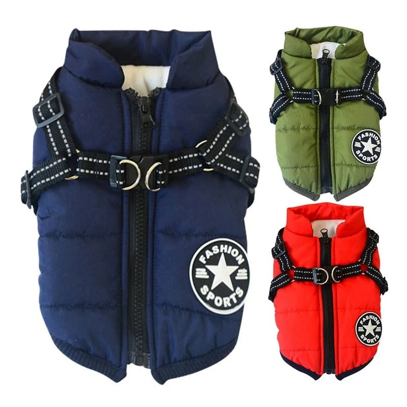 Pet Zen dog hooded winter coat navy green red with harness straps and zipper closure on Tampa Home & Garden Store