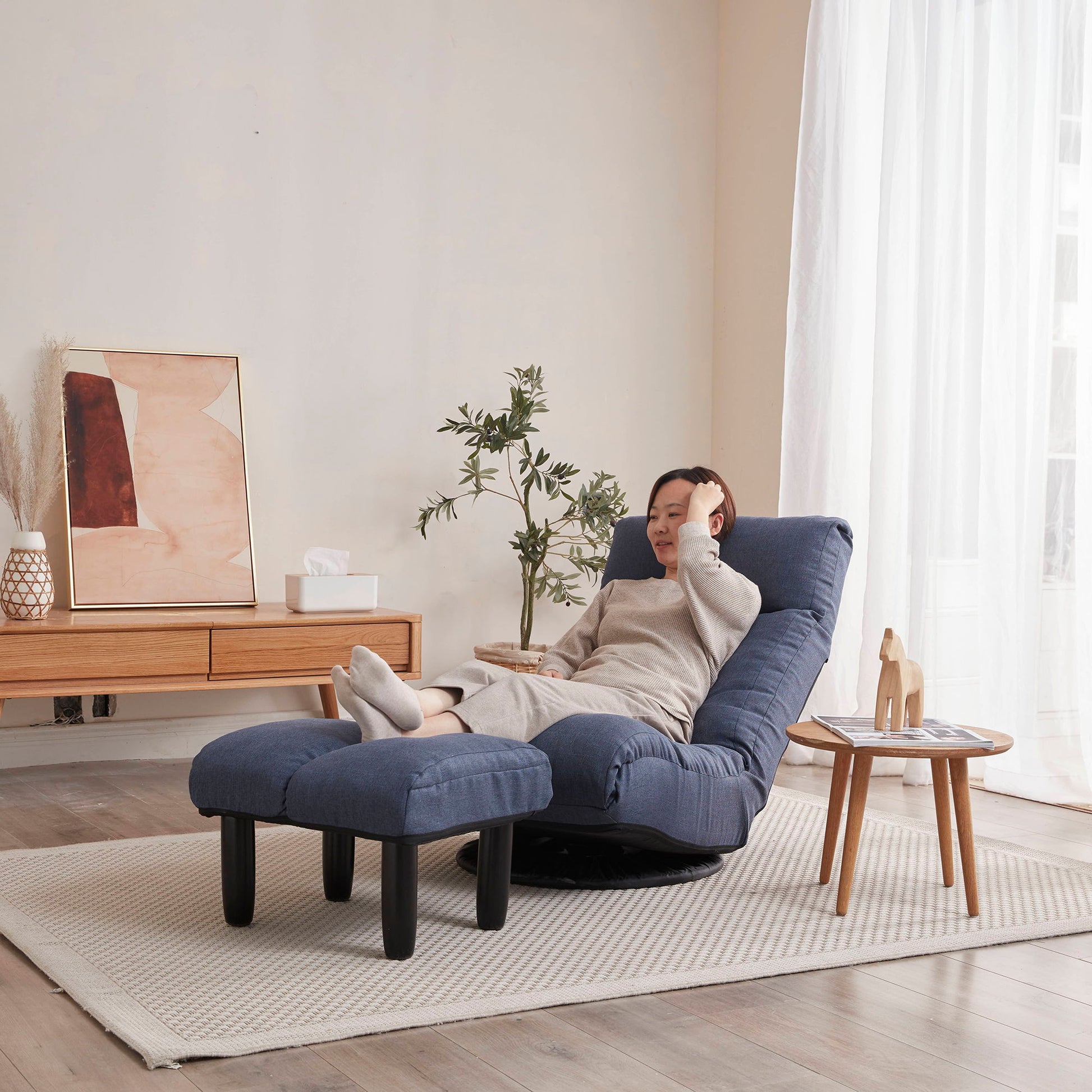 HouseOfZazla adjustable reclining floor chair with metal frame blue fabric ottoman in lounge on Tampa Home & Garden Store