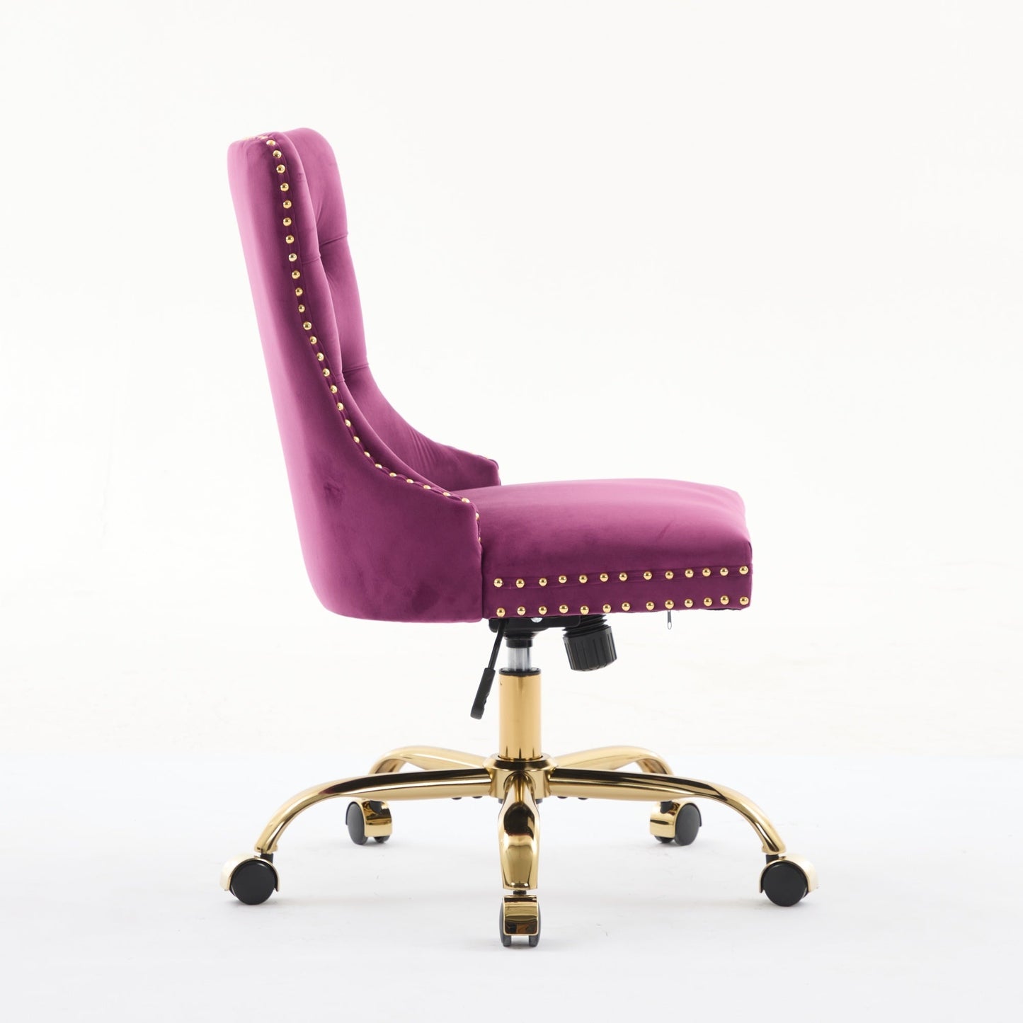 Purple velvet office chair with tufted back, gold studded trim and gold 5-star base on Tampa Home & Garden Store