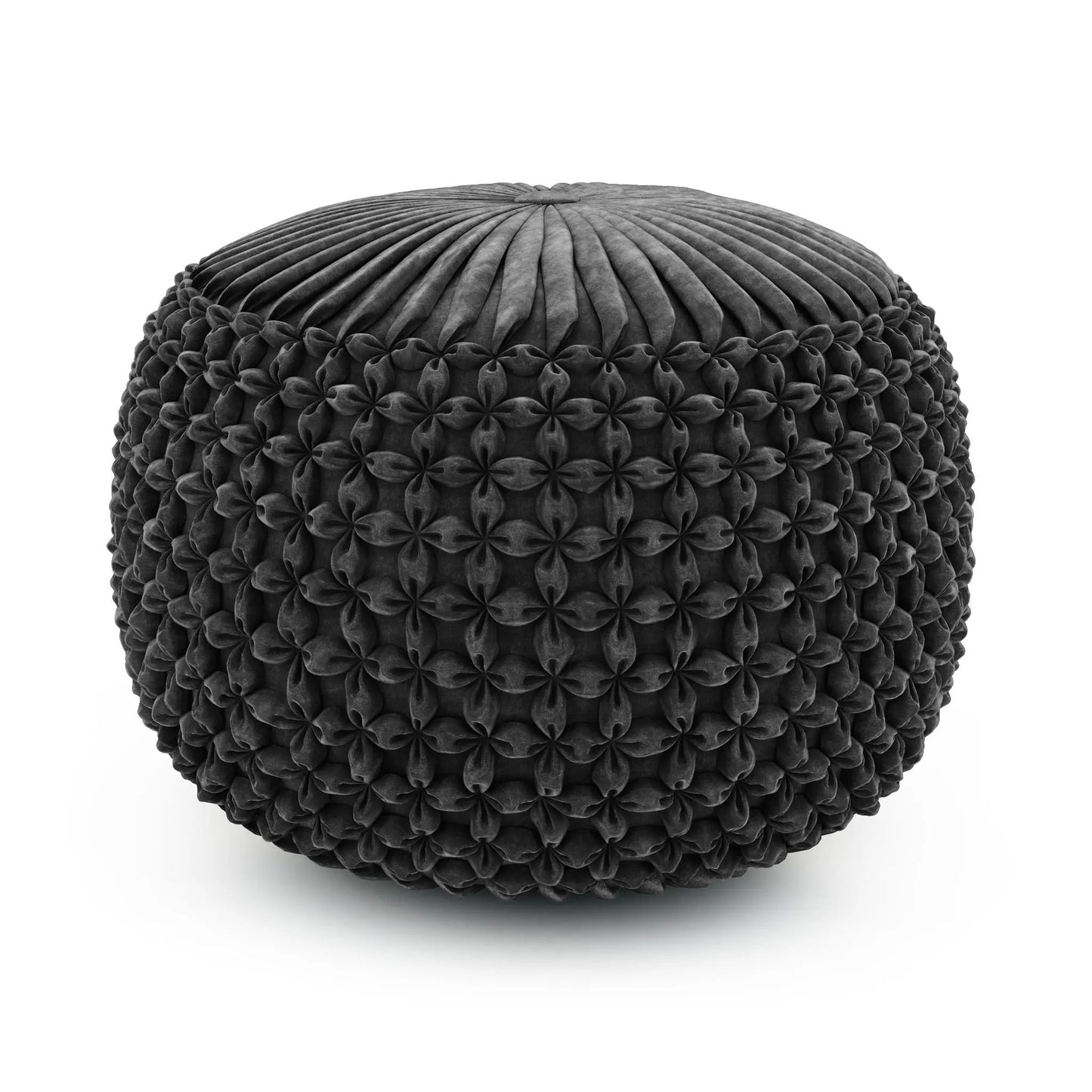 Renee round pouf charcoal gray velvet with ribbed top and tufted sides on Tampa Home & Garden Store