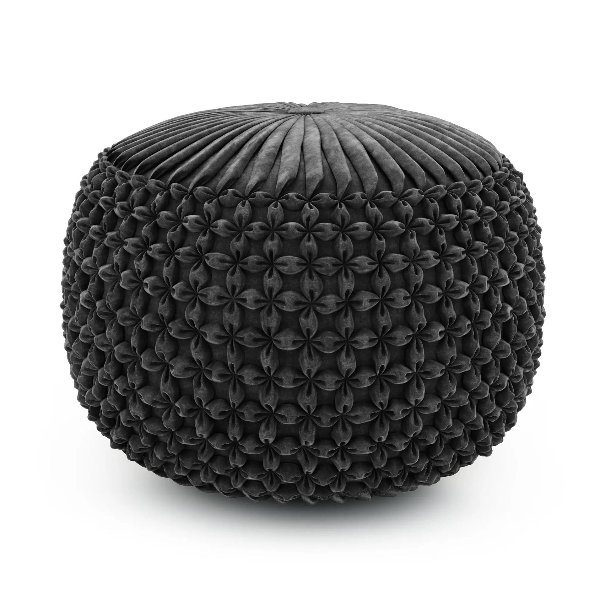 Renee round pouf charcoal gray velvet with ribbed top and tufted sides on Tampa Home & Garden Store