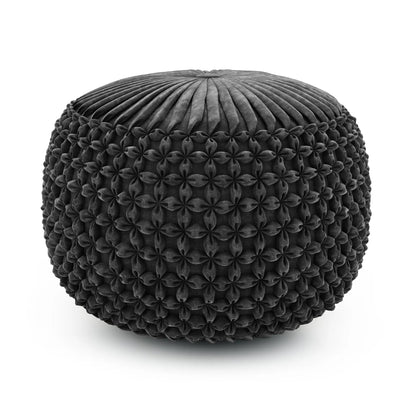 Renee round pouf charcoal gray velvet with ribbed top and tufted sides on Tampa Home & Garden Store