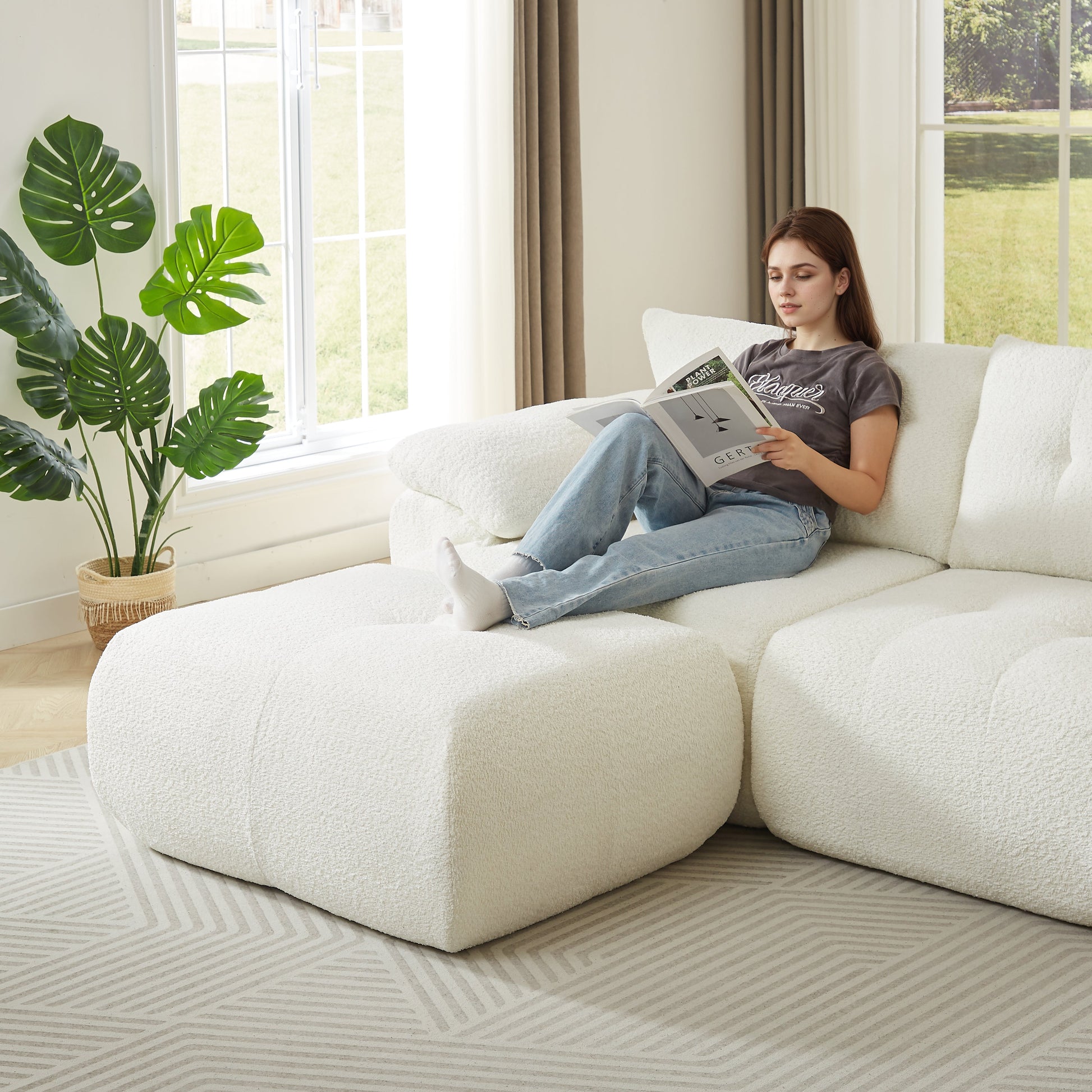 115'' Large Modern 3-Seater Sofa in cream textured fabric by HouseOfZazla in living room on Tampa Home & Garden Store