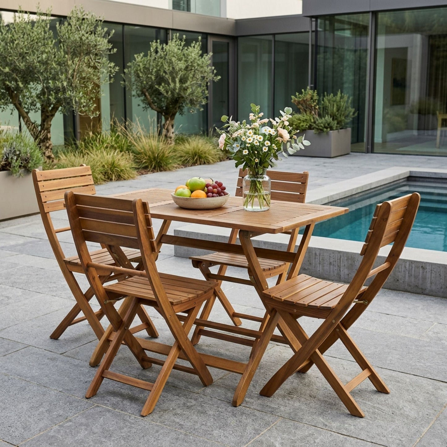 Natural Wood Five Piece Outdoor Patio Dining Set
