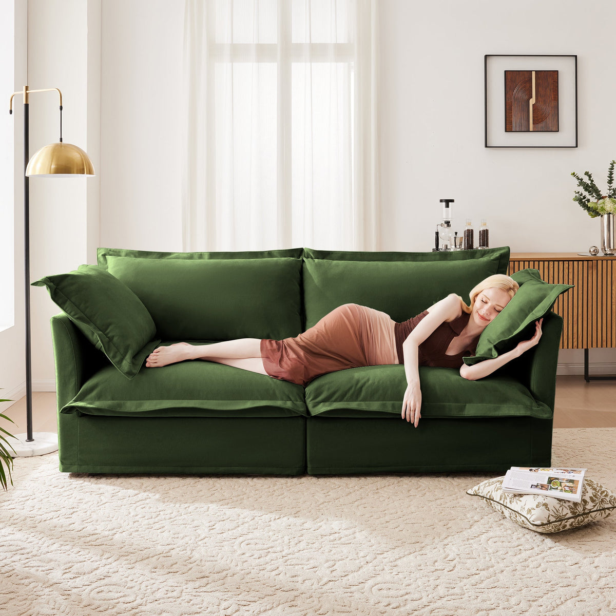 Modern Slipcovered 2-Seat Sofa by HouseOfZazla in emerald green velvet with plush cushions on Tampa Home & Garden Store