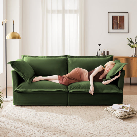 Modern Slipcovered 2-Seat Sofa by HouseOfZazla in emerald green velvet with plush cushions on Tampa Home & Garden Store