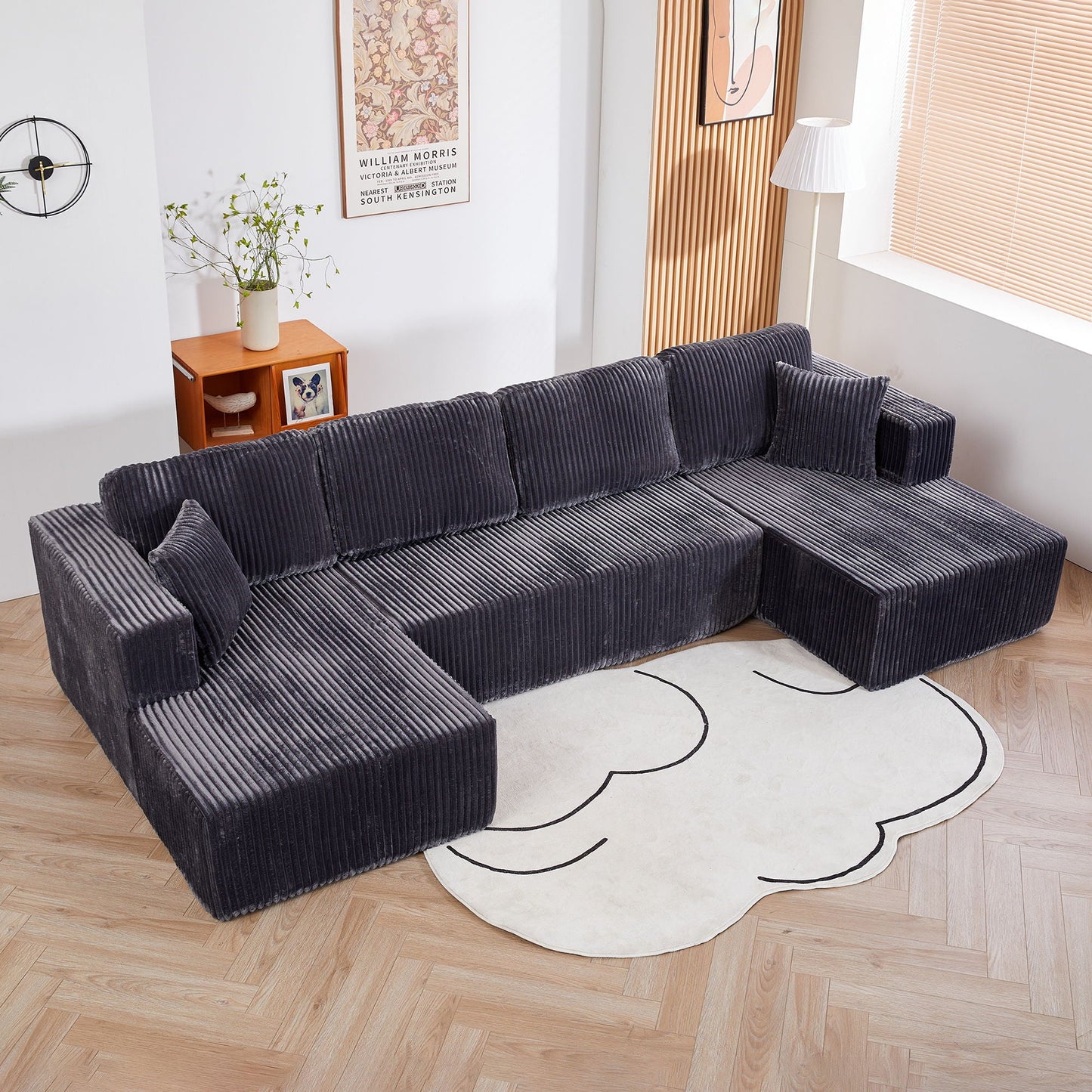 U-Shape Modular Sectional Sofa by HouseOfZazla in dark blue ribbed upholstery with chaise ends on Tampa Home & Garden Store