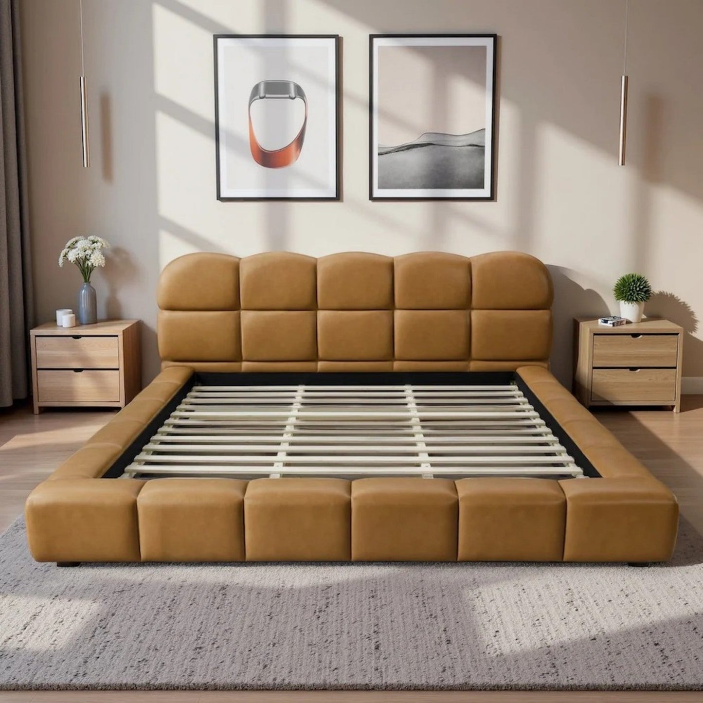Roswell King Size Platform Bed by HouseOfZazla; tan upholstered tufted headboard with platform on Tampa Home & Garden Store