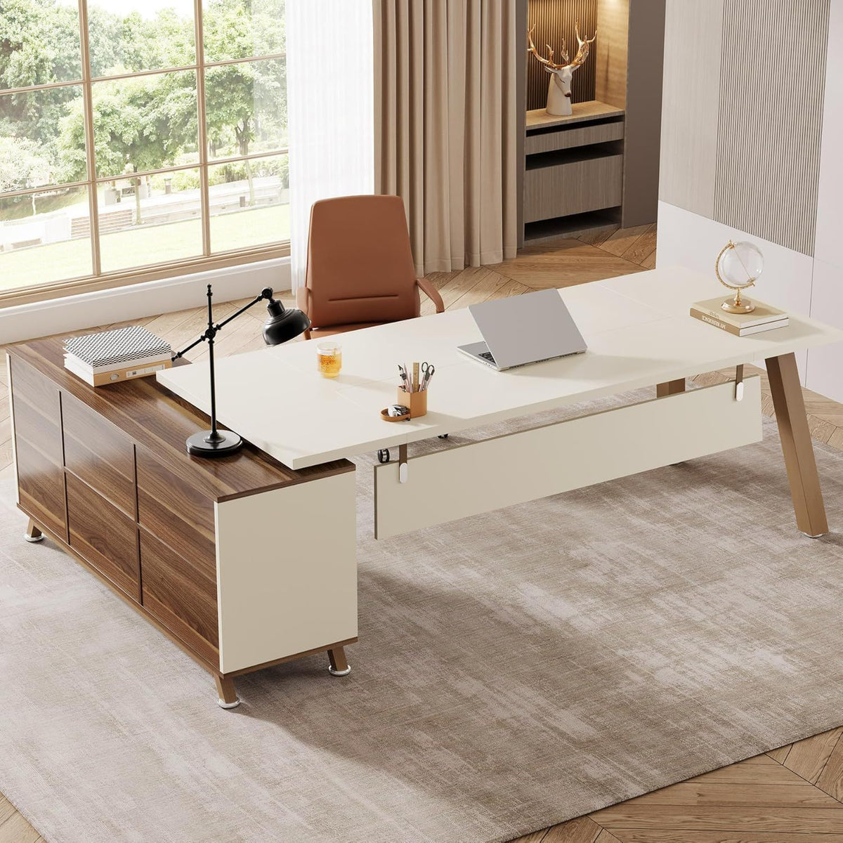 L-shaped executive desk white top with walnut storage cabinet and file drawers HouseOfZazla on Tampa Home & Garden Store