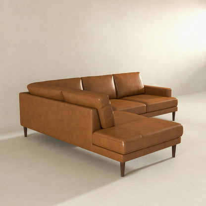 Corbin L-shaped stationary sectional sofa in warm brown leather with clean lines and tapered legs on Tampa Home & Garden Store