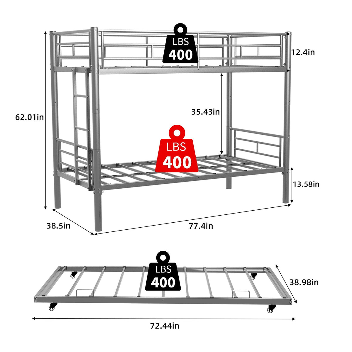 Bunk bed for kids by HouseOfZazla, convertible metal frame with ladders and guardrail, silver on Tampa Home & Garden Store