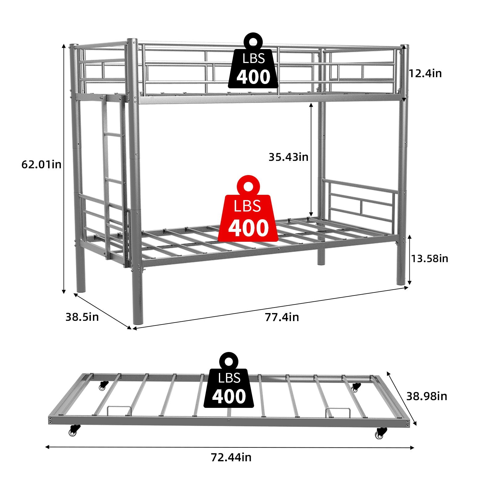 Bunk bed for kids by HouseOfZazla, convertible metal frame with ladders and guardrail, silver on Tampa Home & Garden Store