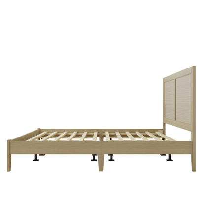 Solid wood platform king bed with rattan panel headboard in natural finish by HouseOfZazla on Tampa Home & Garden Store