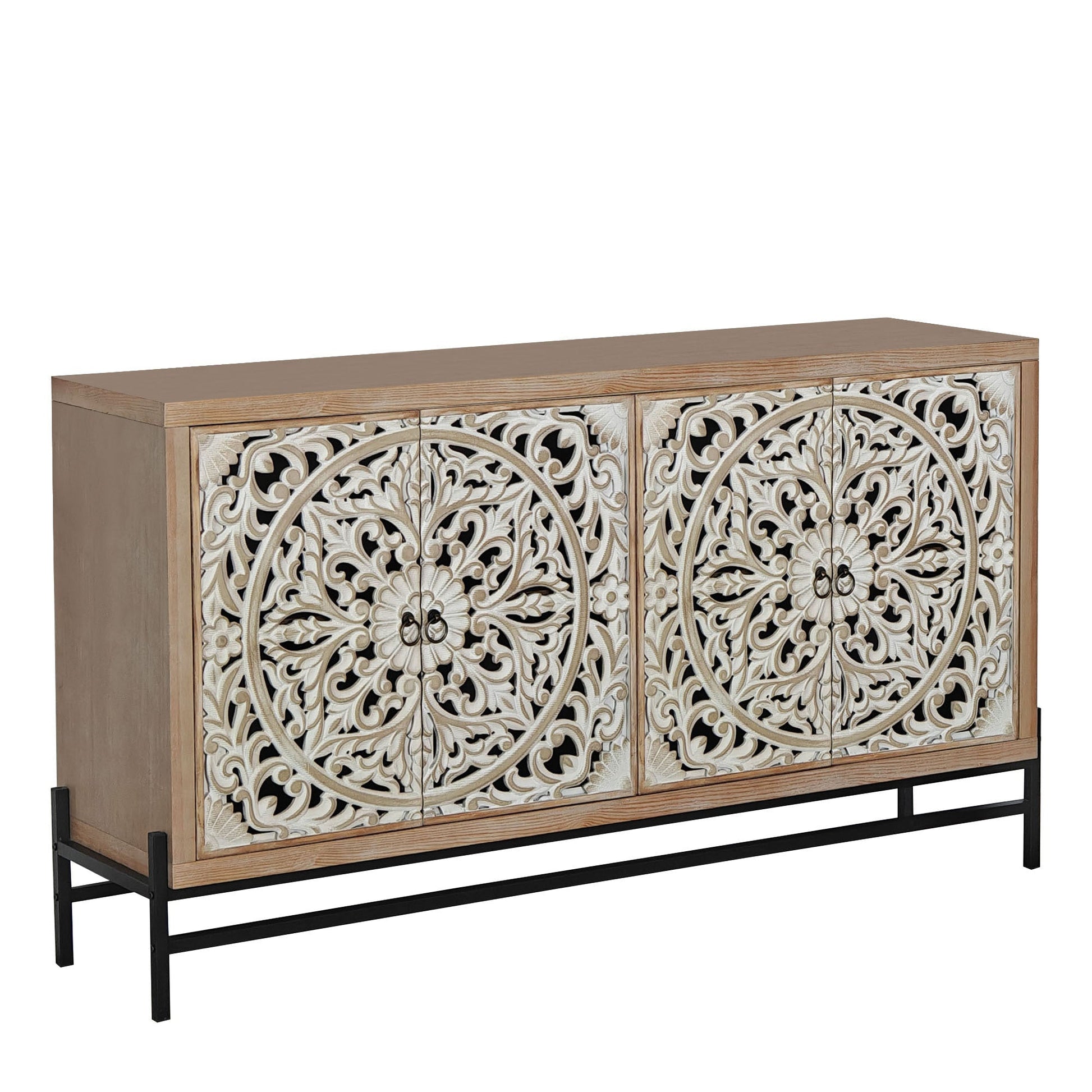 4 Door Wood Cabinet with carved panels in oak finish on a black metal base HouseOfZazla on Tampa Home & Garden Store