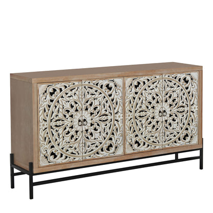 4 Door Wood Cabinet with carved panels in oak finish on a black metal base HouseOfZazla on Tampa Home & Garden Store