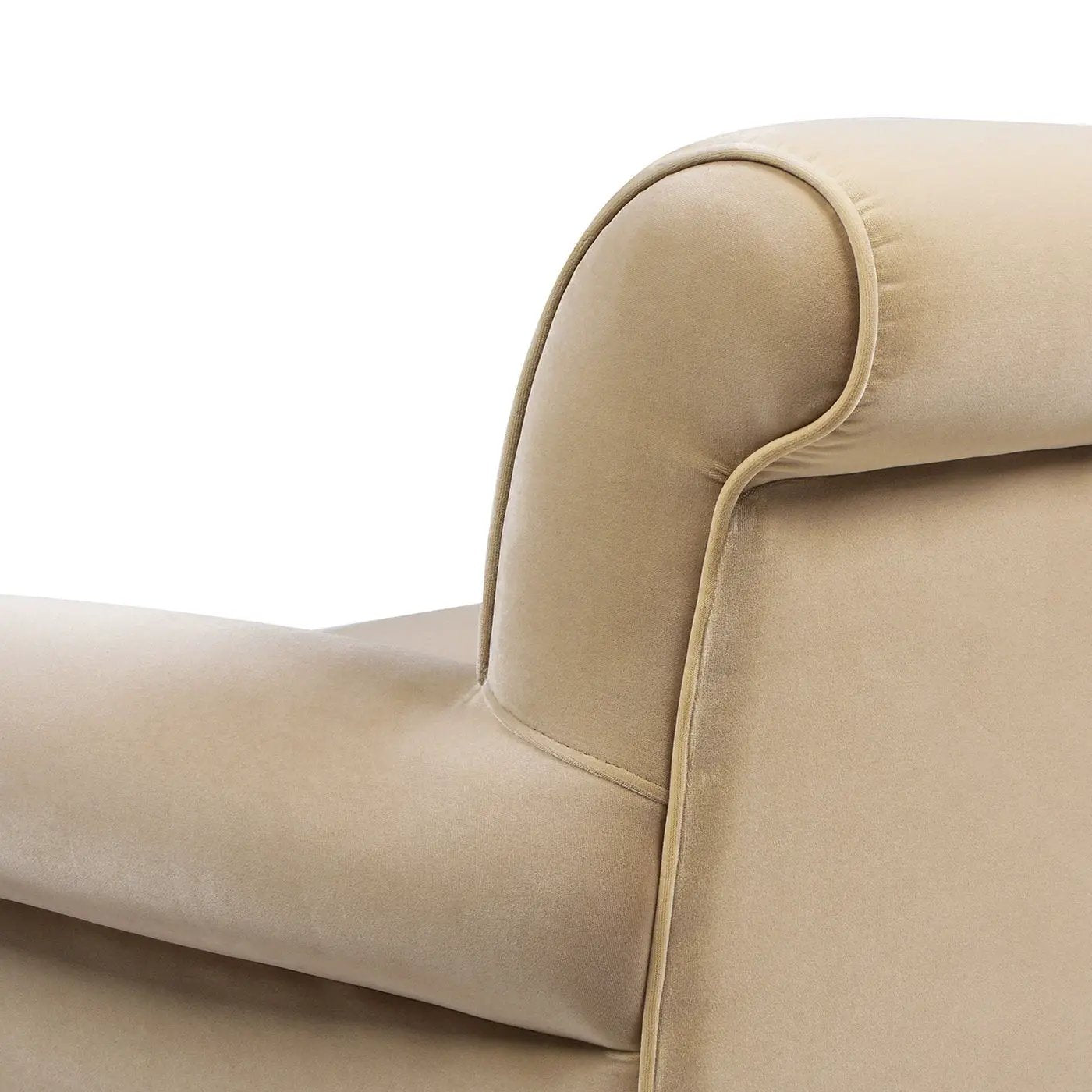 Alana Lawson two-cushion tightback stationary sofa, beige velvet upholstery on Tampa Home & Garden Store