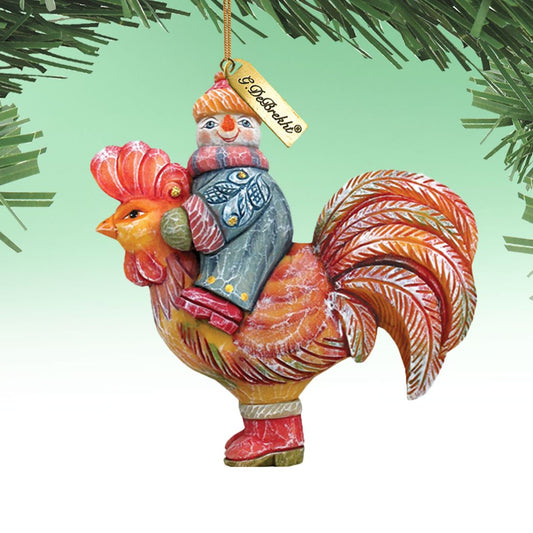 Snowman riding rooster ornament, sculpted hand-painted by G. DeBrekht, holiday decor on Tampa Home & Garden Store
