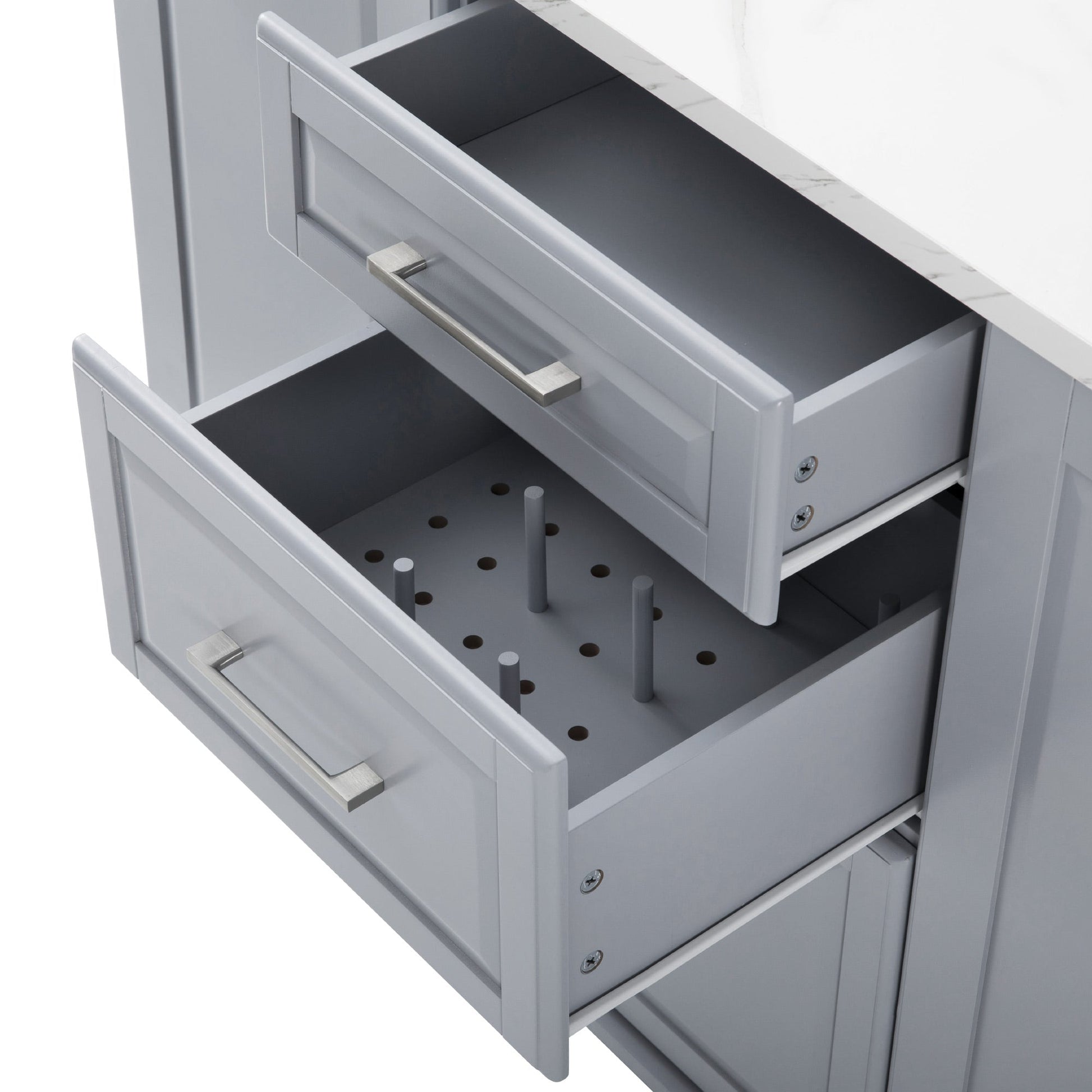 K&K Kitchen Island with Storage Tilt Trash Can Cabinet, gray finish with tilt-out bin cabinet on Tampa Home & Garden Store