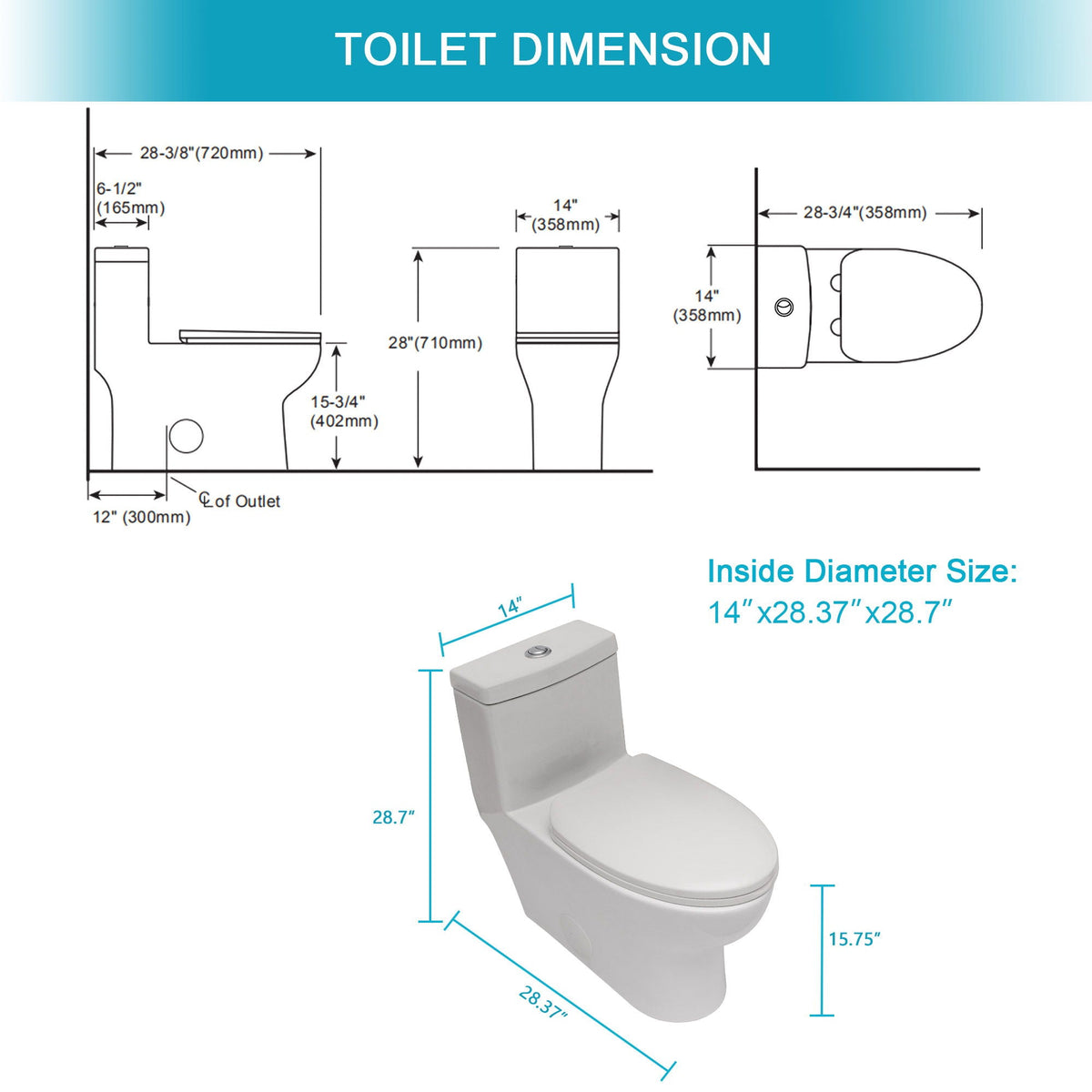 Toilet by HouseOfZazla, white ceramic 1-piece, dual-flush, soft-close seat; dimension diagram on Tampa Home & Garden Store