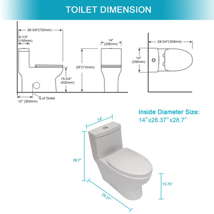 Toilet by HouseOfZazla, white ceramic 1-piece, dual-flush, soft-close seat; dimension diagram on Tampa Home & Garden Store