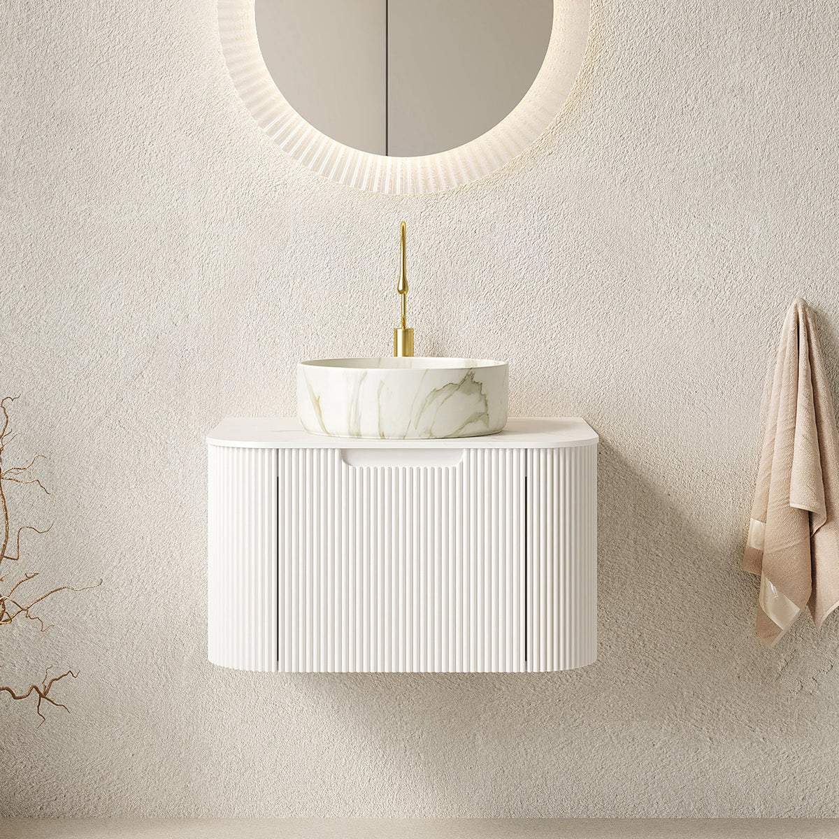 Dina 24 Inch Vanity and Sink, white ribbed vanity, marble sink, gold faucet by HouseOfZazla on Tampa Home & Garden Store