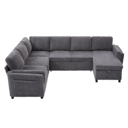 HouseOfZazla gray corduroy convertible U-shaped sectional sofa with chaise and storage on Tampa Home & Garden Store