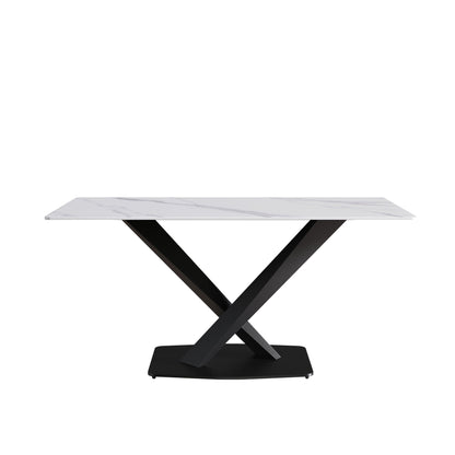Modern artificial stone dining table with white marble top and black metal X-leg by HouseOfZazla on Tampa Home & Garden Store