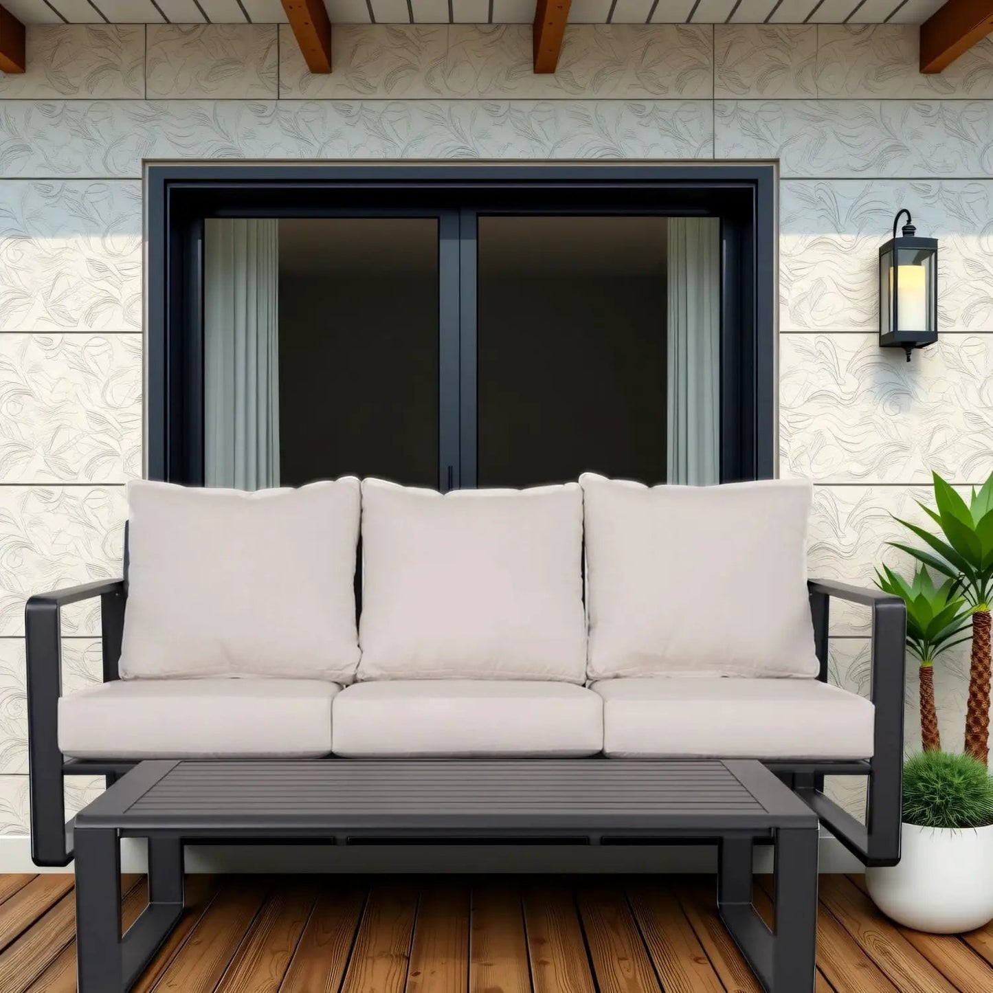 3-person beige outdoor sofa with rectangular coffee table and dark metal frame, 2-piece set on Tampa Home & Garden Store