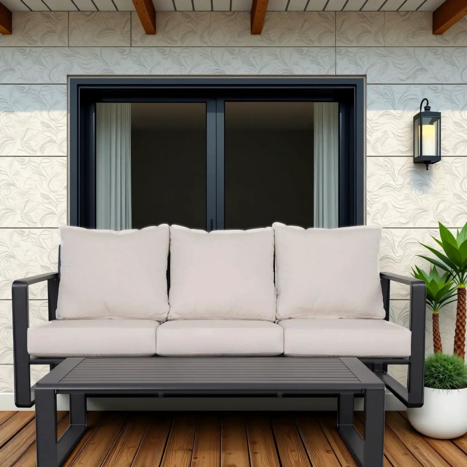 3-person beige outdoor sofa with rectangular coffee table and dark metal frame, 2-piece set on Tampa Home & Garden Store