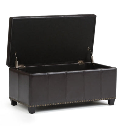 Amelia Transitional Storage Ottoman Bench in black faux leather with open lid storage on Tampa Home & Garden Store