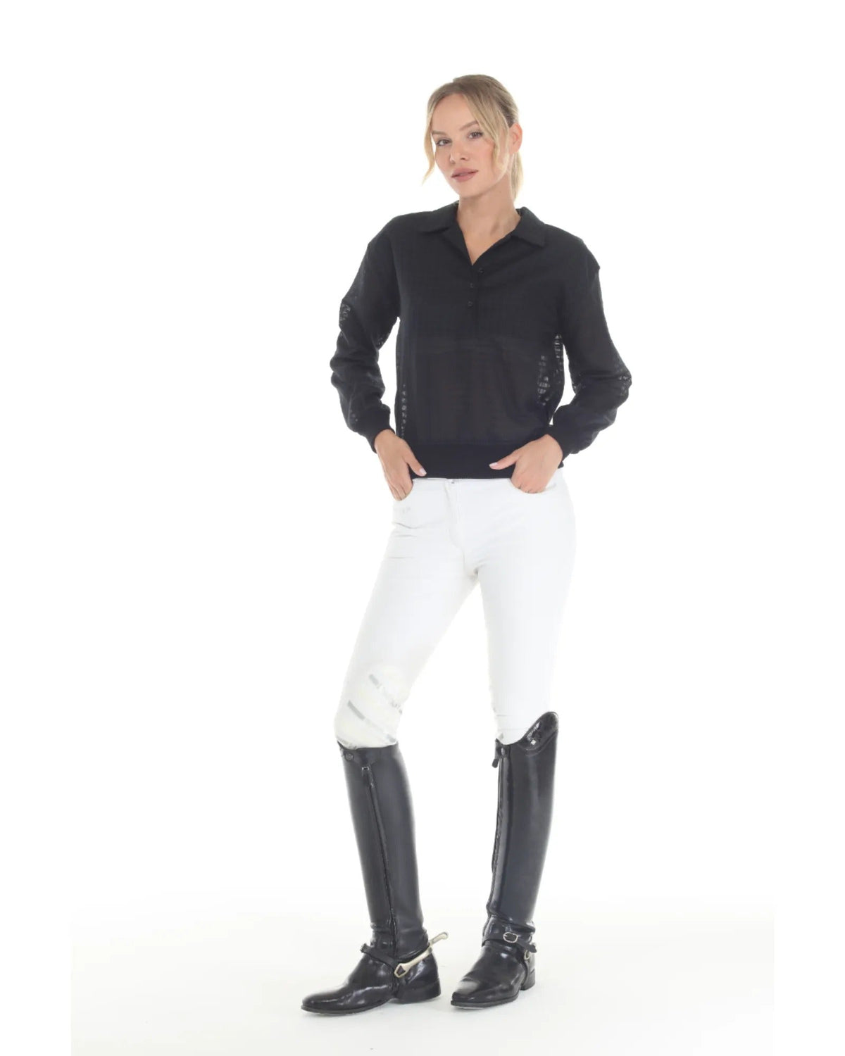SUNDAE Blackberry blouse by BellEq Equestrian Apparel, black long-sleeve collared shirt on Tampa Home & Garden Store