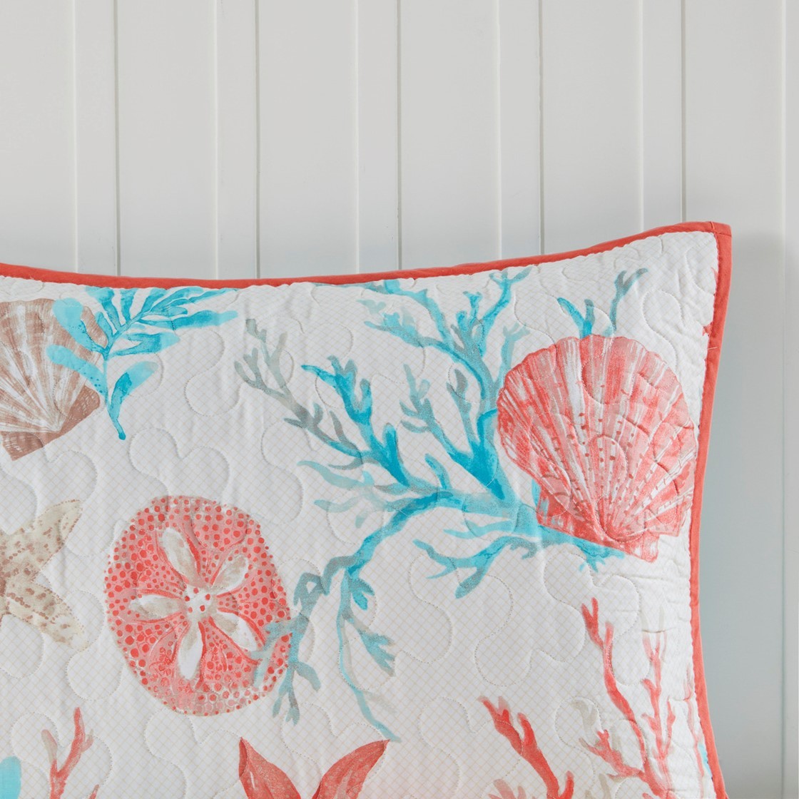 Cotton sateen quilt set with coral decorative pillows seashell print by HouseOfZazla on Tampa Home & Garden Store