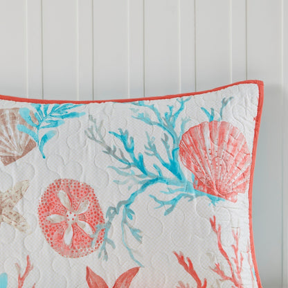Cotton sateen quilt set with coral decorative pillows seashell print by HouseOfZazla on Tampa Home & Garden Store