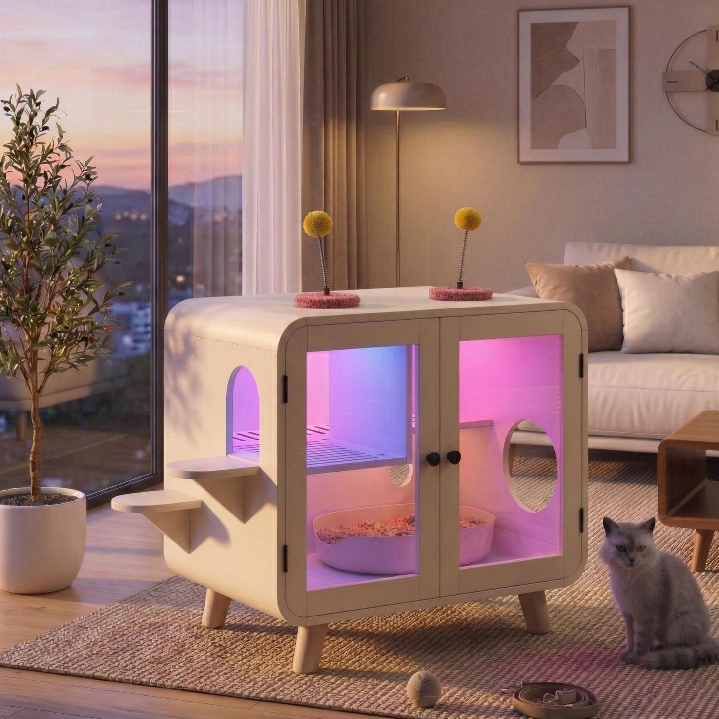 Cat Hidden Litter Box Enclosure with RGB LED Light and Glass Doors in cream finish on Tampa Home & Garden Store