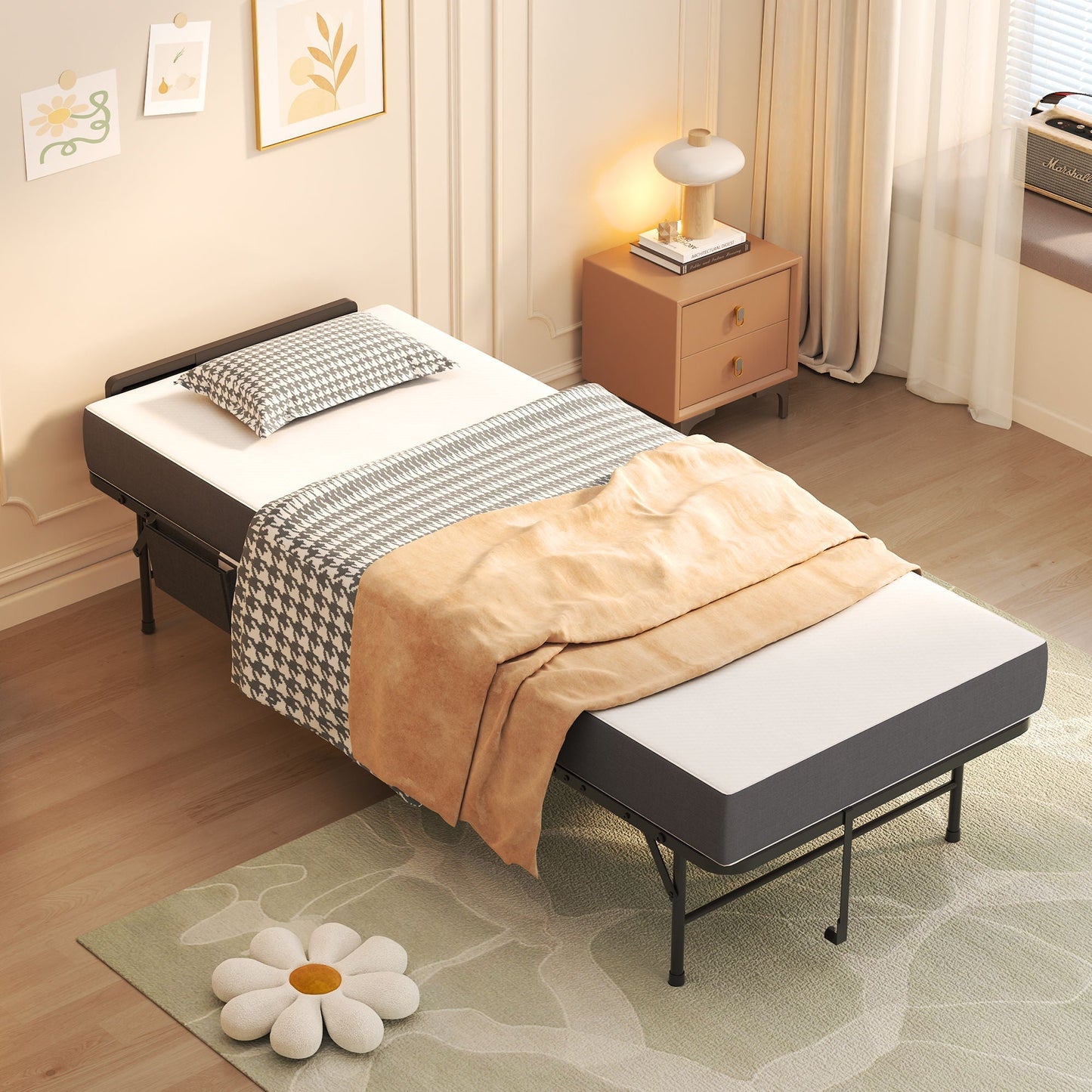Pair of twin folding beds with memory foam, adjustable headboards, dark gray metal frames on Tampa Home & Garden Store