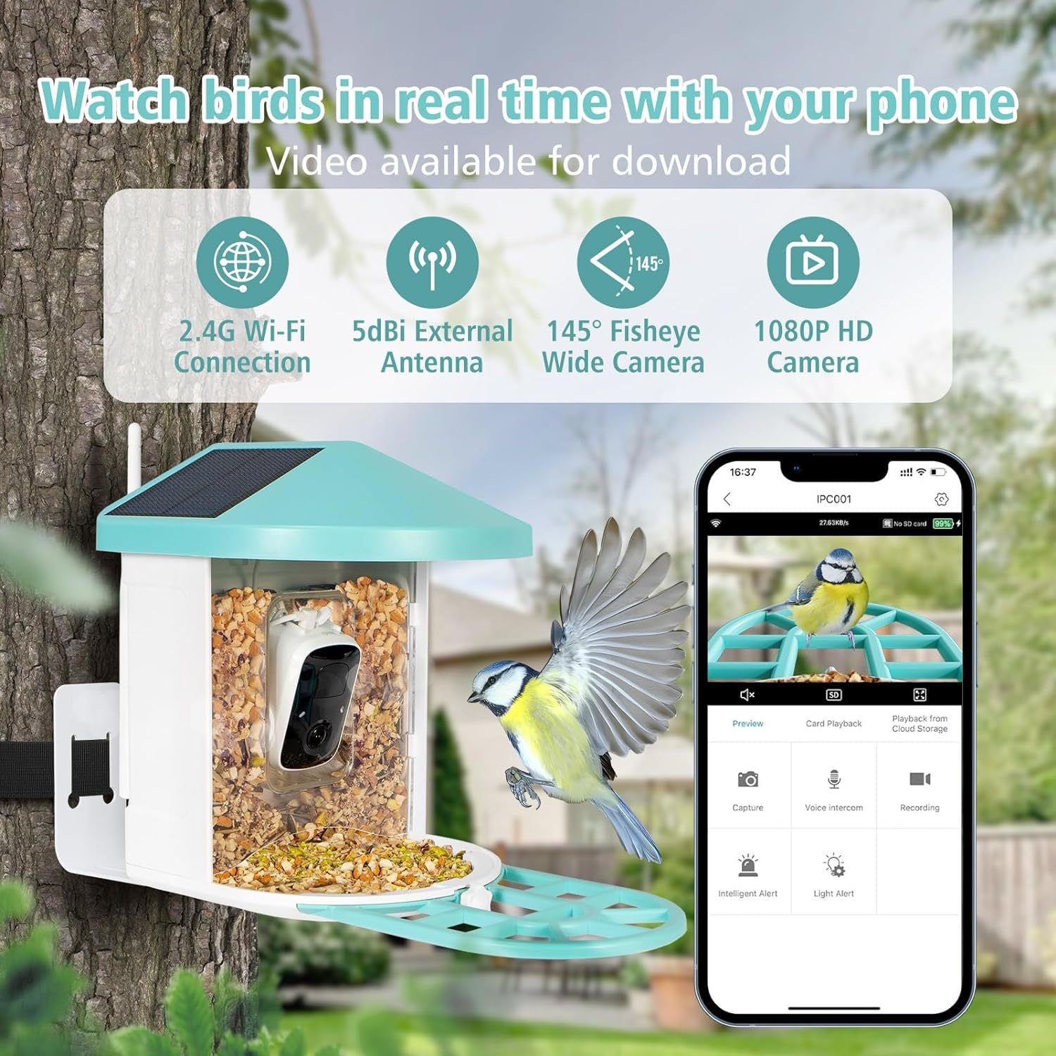 Smart Feeder Surveillance Wireless Camera bird feeder by Sell My Stuff, turquoise roof, white body, 1080P HD, 2.4G Wi‑Fi on Tampa Home & Garden Store
