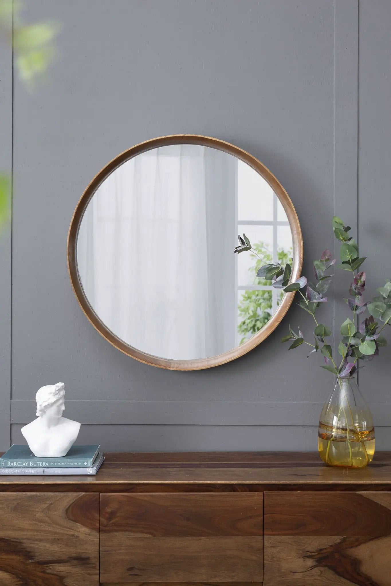Round Wood Mirror Wall Mounted Home Decor