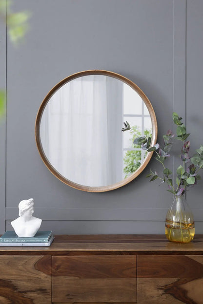 Round Wood Mirror Wall Mounted Home Decor