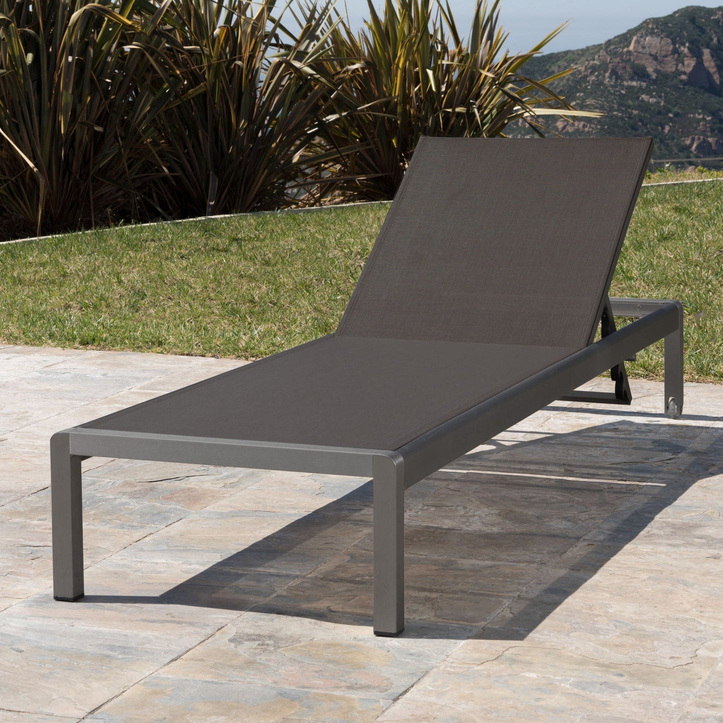 Outdoor Patio Chaise Lounge in gray fabric with aluminum frame, 5-position recline on Tampa Home & Garden Store