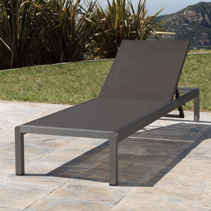 Outdoor Patio Chaise Lounge in gray fabric with aluminum frame, 5-position recline on Tampa Home & Garden Store
