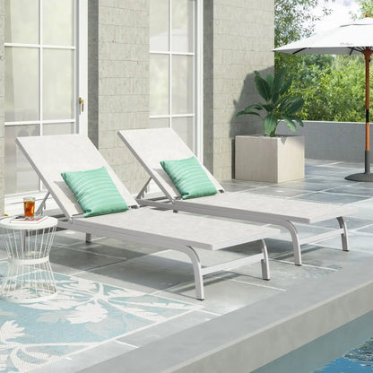 Finn Contemporary Chaise Lounges pair with white frames and teal striped cushions on Tampa Home & Garden Store