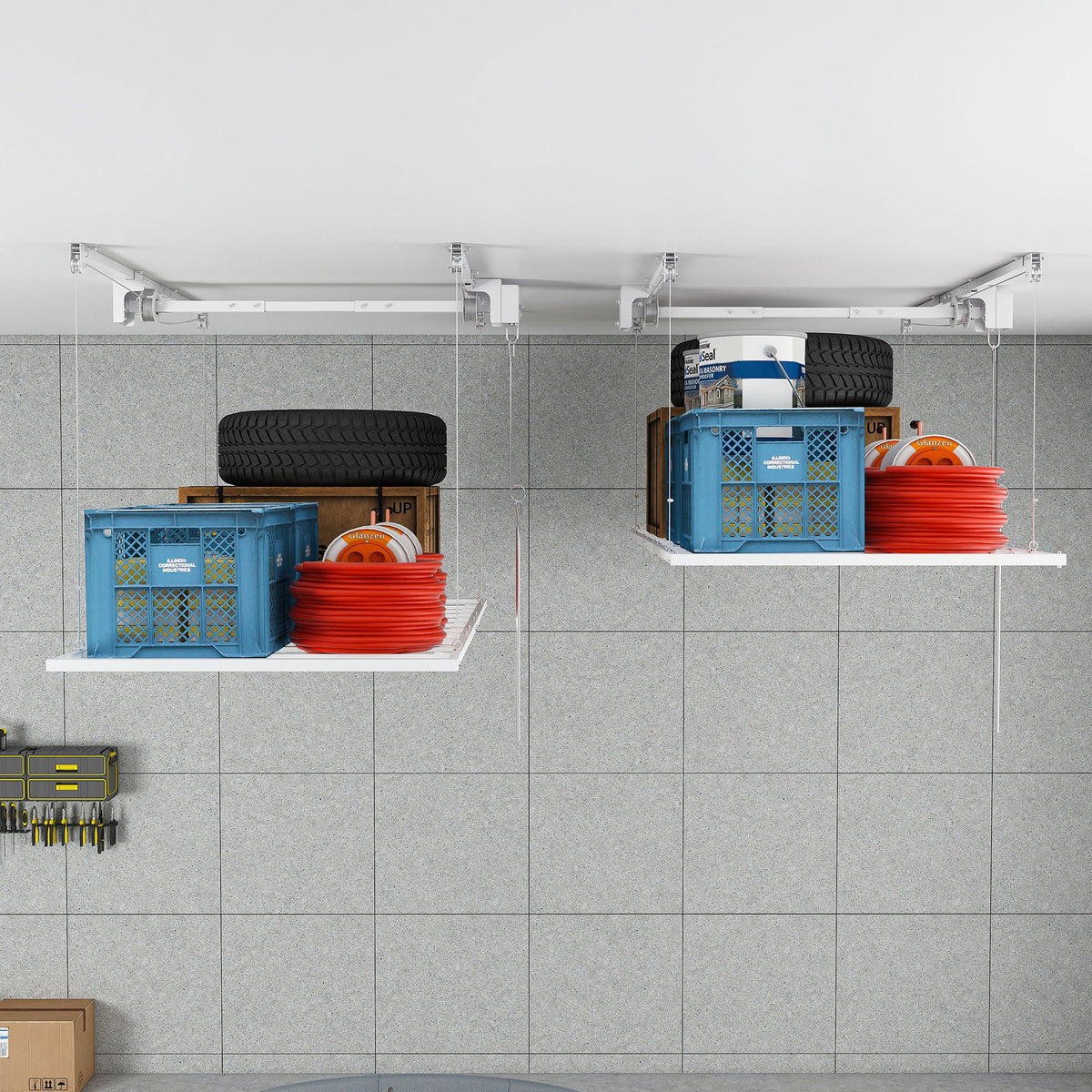 Overhead garage storage racks with crank systems, white, HouseOfZazla holds tires and crates on Tampa Home & Garden Store