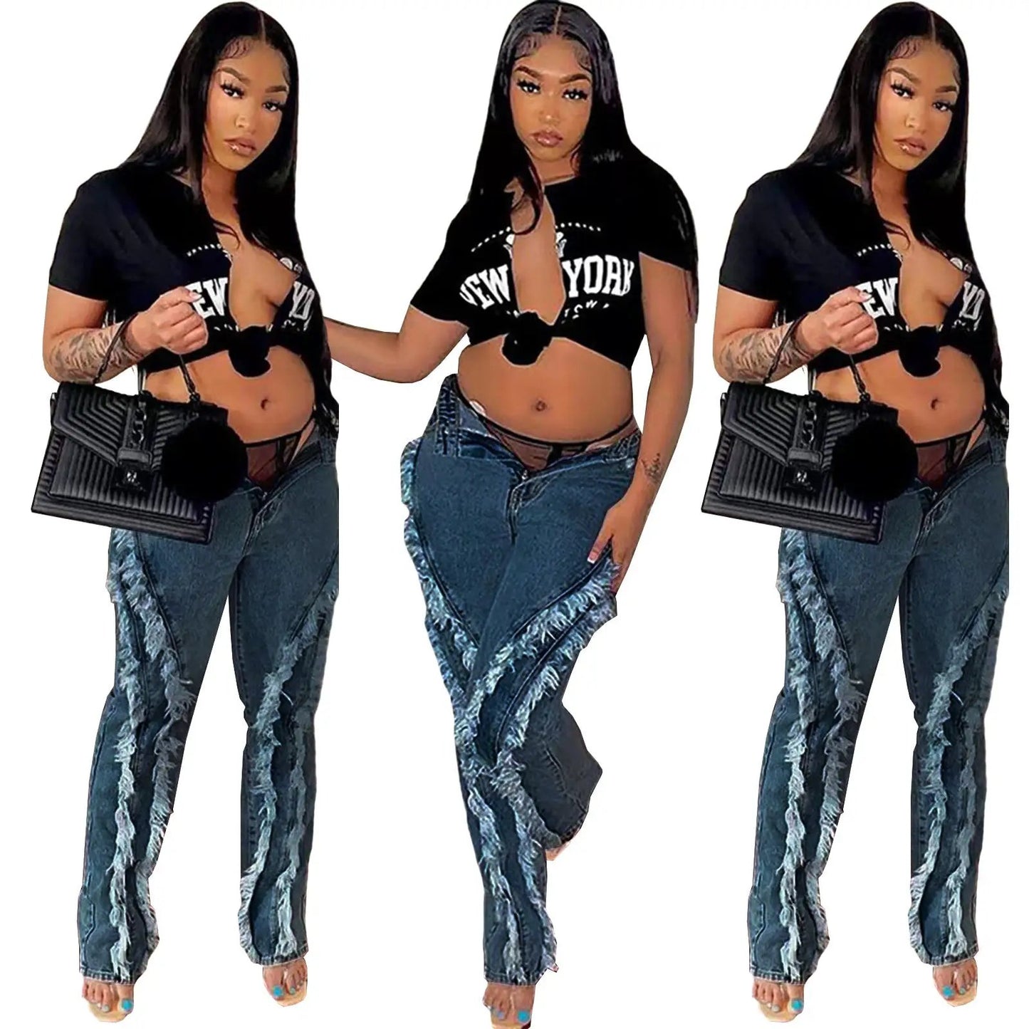 Women’s knotted crop tops with distressed raw-edge jeans and a quilted handbag, triptych on Tampa Home & Garden Store