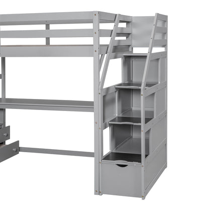 Loft Bed With Desk, Shelves, 2 Drawers, Storage Staircase in gray finish by HouseOfZazla on Tampa Home & Garden Store