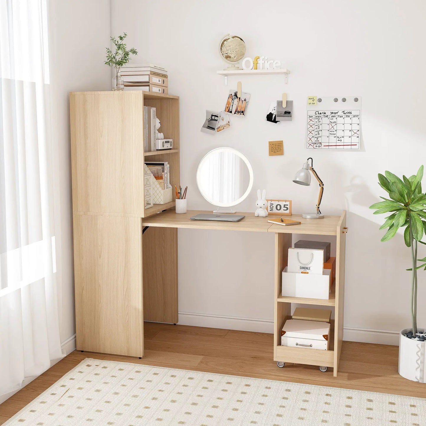 Stretchable Office Desk with Shelves and Wheels