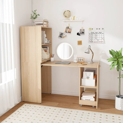 Stretchable Office Desk with Shelves and Wheels