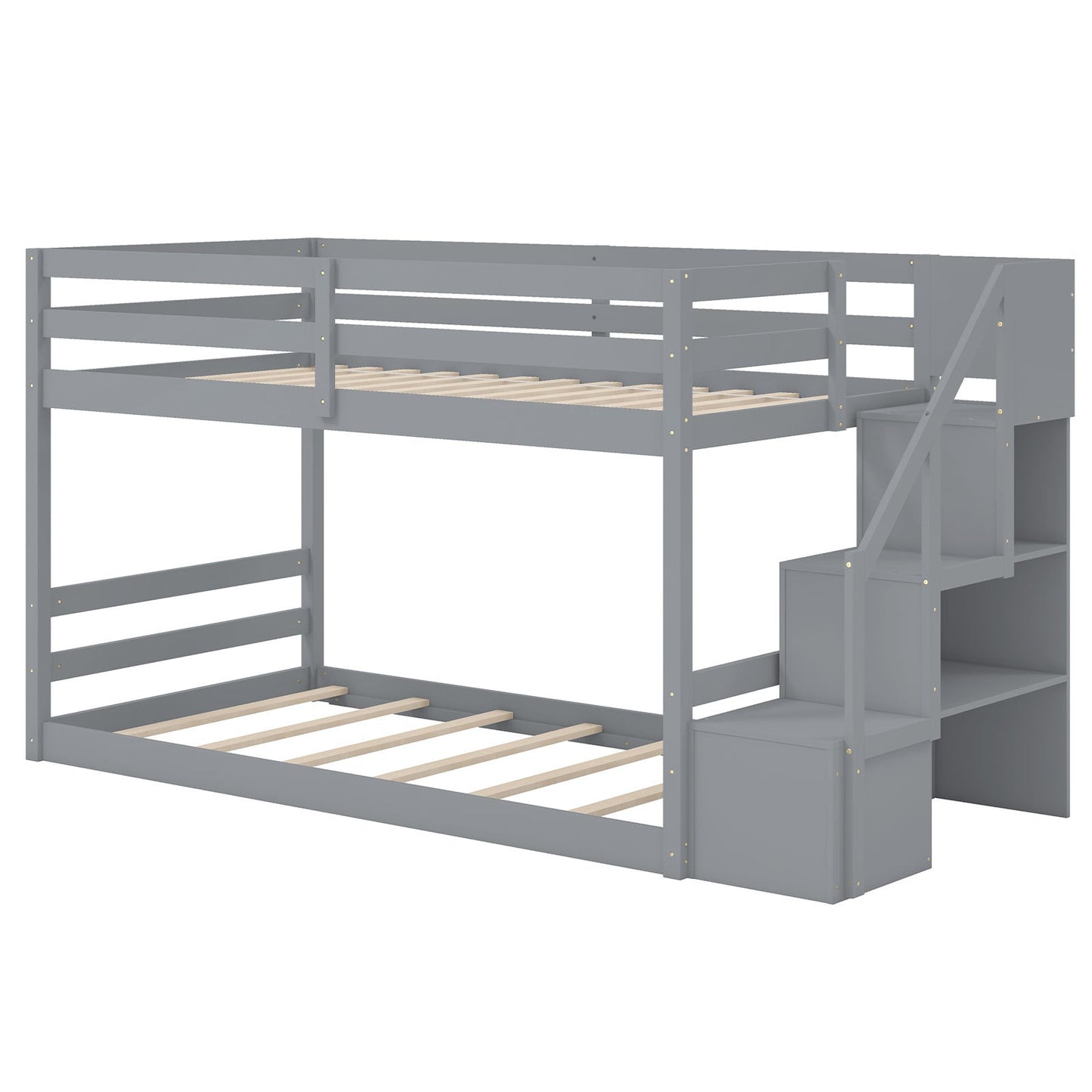 Litera doble sobre doble baja con escalera de almacenamiento Marco de litera de madera maciza para el suelo-Blanco