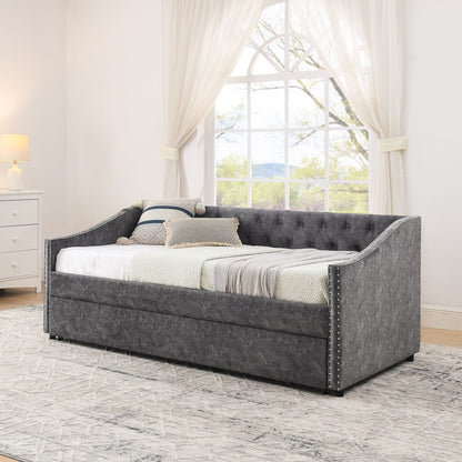 HouseOfZazla gray upholstered daybed with USB charging and pull-out bed, tufted on Tampa Home & Garden Store