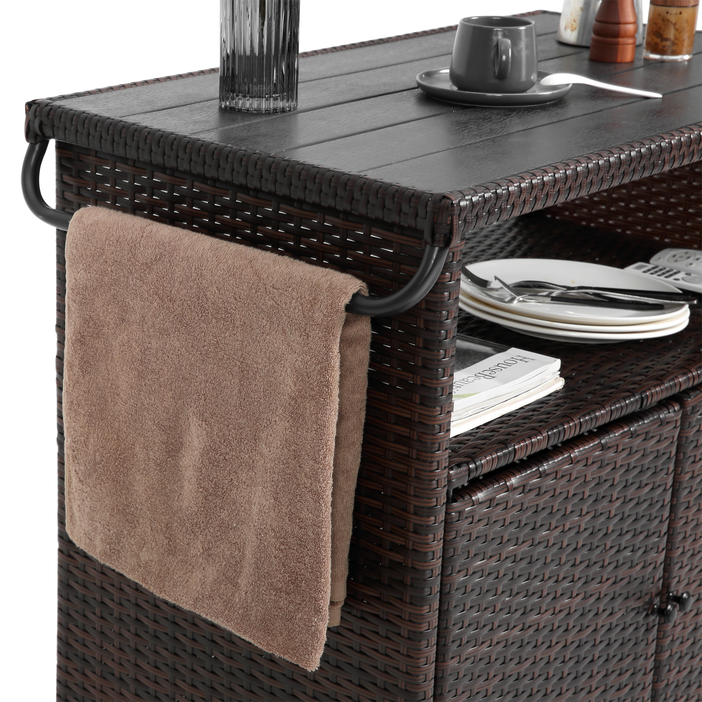 Outdoor wicker bar cart with glass top in light brown, wheels and lower shelf with plates on Tampa Home & Garden Store